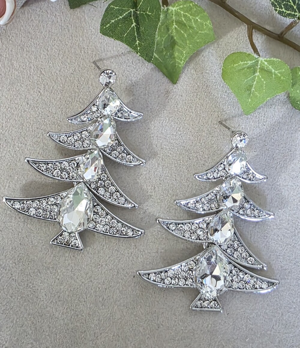 Silver Statement Articulated Christmas Tree Crystal Rhinestone Earrings